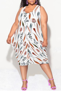 White Casual Letter Print Gradient Irregular Contrast U Neck Irregular Plus Size Dresses