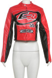Red Casual Letters Patchwork Zipper Contrast Zipper Collar Outerwear