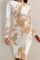 Khaki Casual Striped Print Gradient Contrast O Neck Printed Dresses