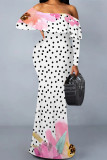 Navy Blue Sexy Floral Print Polka Dot Ruffle Contrast Off Shoulder Long Dresses