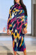 Colour Casual Print Patchwork Half A Turtleneck Wrapped Skirt Dresses