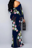 Navy Blue Sexy Floral Print Polka Dot Ruffle Contrast Off Shoulder Long Dresses