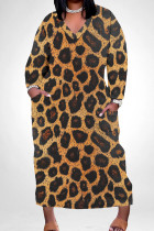 Light Orange Casual Print Pocket Patchwork V Neck Long Plus Size Dresses