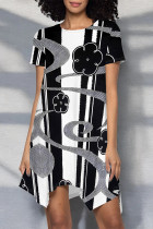 Black And White Casual Floral Print Irregular Contrast O Neck Irregular Short Sleeve Dress