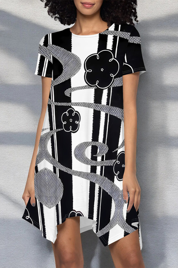 Black And White Casual Floral Print Irregular Contrast O Neck Irregular Short Sleeve Dress