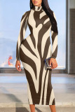 Black Brown Casual Print Patchwork Half A Turtleneck Wrapped Skirt Dresses