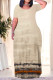 Light Khaki Casual Floral Print Stripe Pocket Contrast O Neck Long Plus Size Dresses