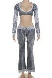 Grey Sexy Print Draw String Patchwork U Neck Long Sleeve Two Pieces