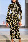 Black Brown Casual Print Patchwork Half A Turtleneck Wrapped Skirt Dresses
