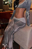 Grey Sexy Print Draw String Patchwork U Neck Long Sleeve Two Pieces