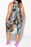 White Brown Casual Letter Print Gradient Irregular Contrast U Neck Irregular Plus Size Dresses