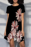 Multicolor Casual Floral Print Irregular Contrast O Neck Irregular Short Sleeve Dress