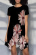 Black Casual Floral Print Irregular Contrast O Neck Irregular Short Sleeve Dress