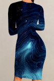Baby Blue Casual Striped Print Gradient Contrast O Neck Printed Dresses