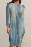 Baby Blue Casual Striped Print Gradient Contrast O Neck Printed Dresses