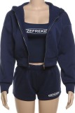 Deep Blue Casual Sportswear Letter Print Basic U Neck Long Sleeve Three Piece Set
