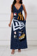 Tibetan Blue Casual Street Graffiti Print Letters Pocket Contrast V Neck Sling Dresses