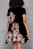 Multicolor Casual Floral Print Irregular Contrast O Neck Irregular Short Sleeve Dress