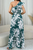 Green Elegant Print Patchwork Backless Ruffled Trim Oblique Collar Long Dresses