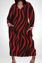 Black Red Casual Stripe Pocket Patchwork V Neck Straight Plus Size Dresses