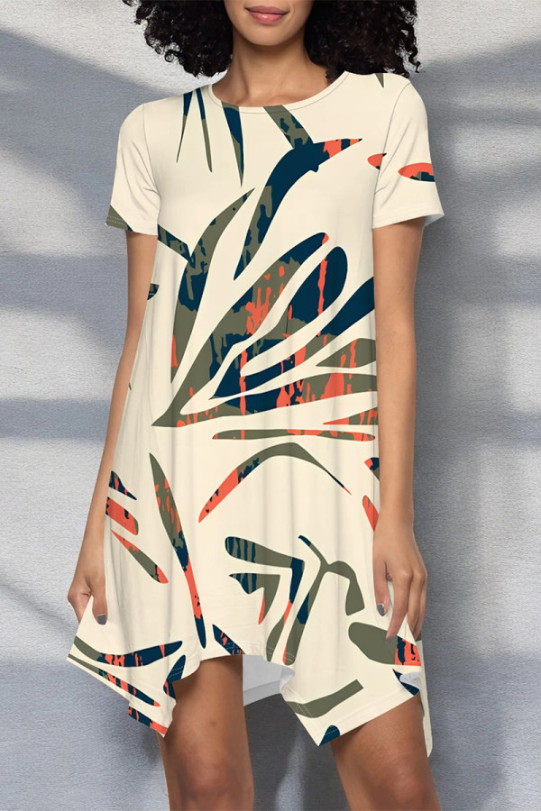 Beige Casual Floral Print Irregular Contrast O Neck Irregular Short Sleeve Dress