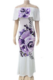 White Purple Sexy Flowers Print Ruffle Off Shoulder One Step Skirt Dresses