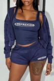 Deep Blue Casual Sportswear Letter Print Basic U Neck Long Sleeve Three Piece Set