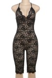 Black Sexy Hot Club Solid Color See-Through Backless Spaghetti Strap Skinny Rompers