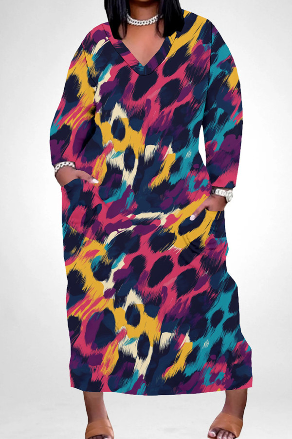 Colour Casual Print Pocket Patchwork V Neck Long Plus Size Dresses