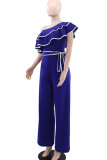 Blue Casual Patchwork Strap Design Contrast Ruffled Trim Oblique Collar Loose Jumpsuits