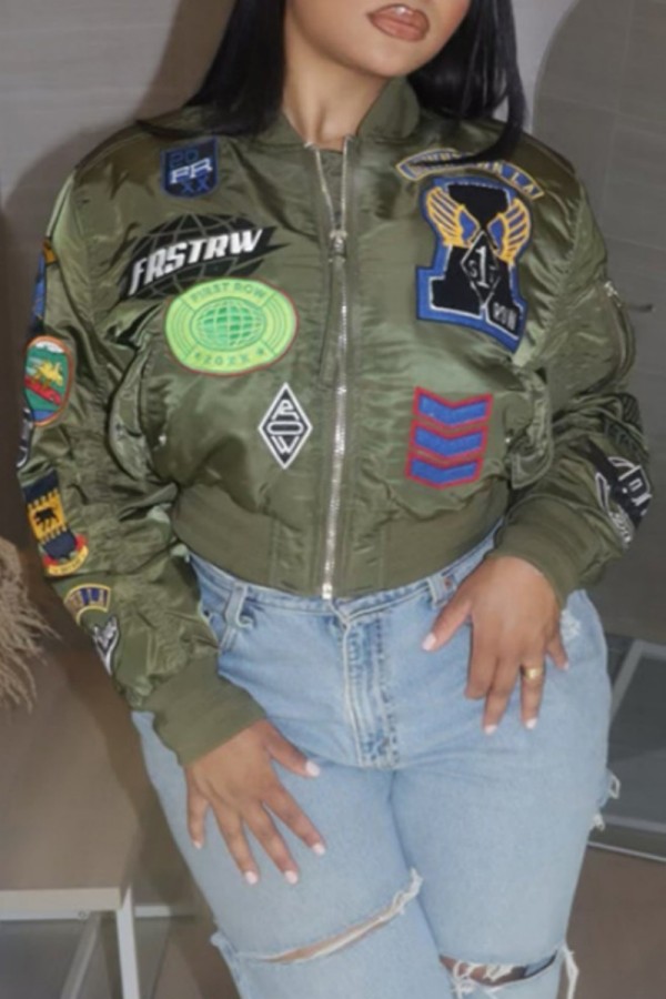 Army Green Casual Embroidery Patchwork Zipper Collar Outerwear