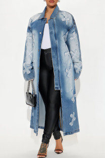 Blue Casual Pocket Buttons Patchwork Strap Design Turndown Collar Long Sleeve Loose Denim Jacket