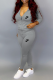 Grey Casual Sportswear Letter Print Pocket Zipper Hooded Long Sleeve Two Pieces
