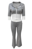 Light Gray Casual Patchwork Zipper Contrast Hooded Long Sleeve Two Pieces