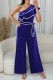 Blue Casual Patchwork Strap Design Contrast Ruffled Trim Oblique Collar Loose Jumpsuits