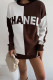 Brownness Casual Letters Patchwork Contrast O Neck Tops