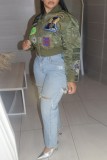Army Green Casual Embroidery Patchwork Zipper Collar Outerwear