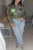 Army Green Casual Embroidery Patchwork Zipper Collar Outerwear