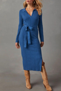 Blue Casual Solid Color Patchwork Slit Strap Design Wrapped Skirt Dresses