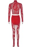 Red Sexy Hot Solid Color Hollow Out See-Through O Neck Long Sleeve Two Pieces