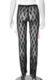 Black Sexy Casual Patchwork Bow See-Through Regular High Waist Pencil Patchwork Trousers