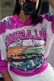 Sky Blue Casual Daily Print Patchwork V Neck T-Shirts