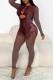 Coffee Sexy Hot Solid Color Hollow Out See-Through O Neck Skinny Jumpsuits