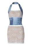 White Sexy Hot Patchwork Backless Mesh Halter Sleeveless Two Pieces