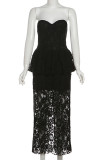 Black Sexy Solid Color Lace Patchwork Backless Strapless Long Dresses