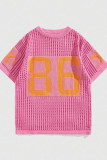 Red Casual Letters Hollow Out Patchwork O Neck T-Shirts