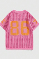 Pink Casual Letters Hollow Out Patchwork O Neck T-Shirts