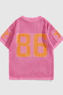Pink Casual Letters Hollow Out Patchwork O Neck T-Shirts
