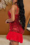 Champagne Sexy Solid Color Sequins Patchwork Backless Spaghetti Strap Sling Dresses