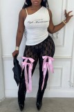 Black Sexy Casual Patchwork Bow See-Through Regular High Waist Pencil Patchwork Trousers